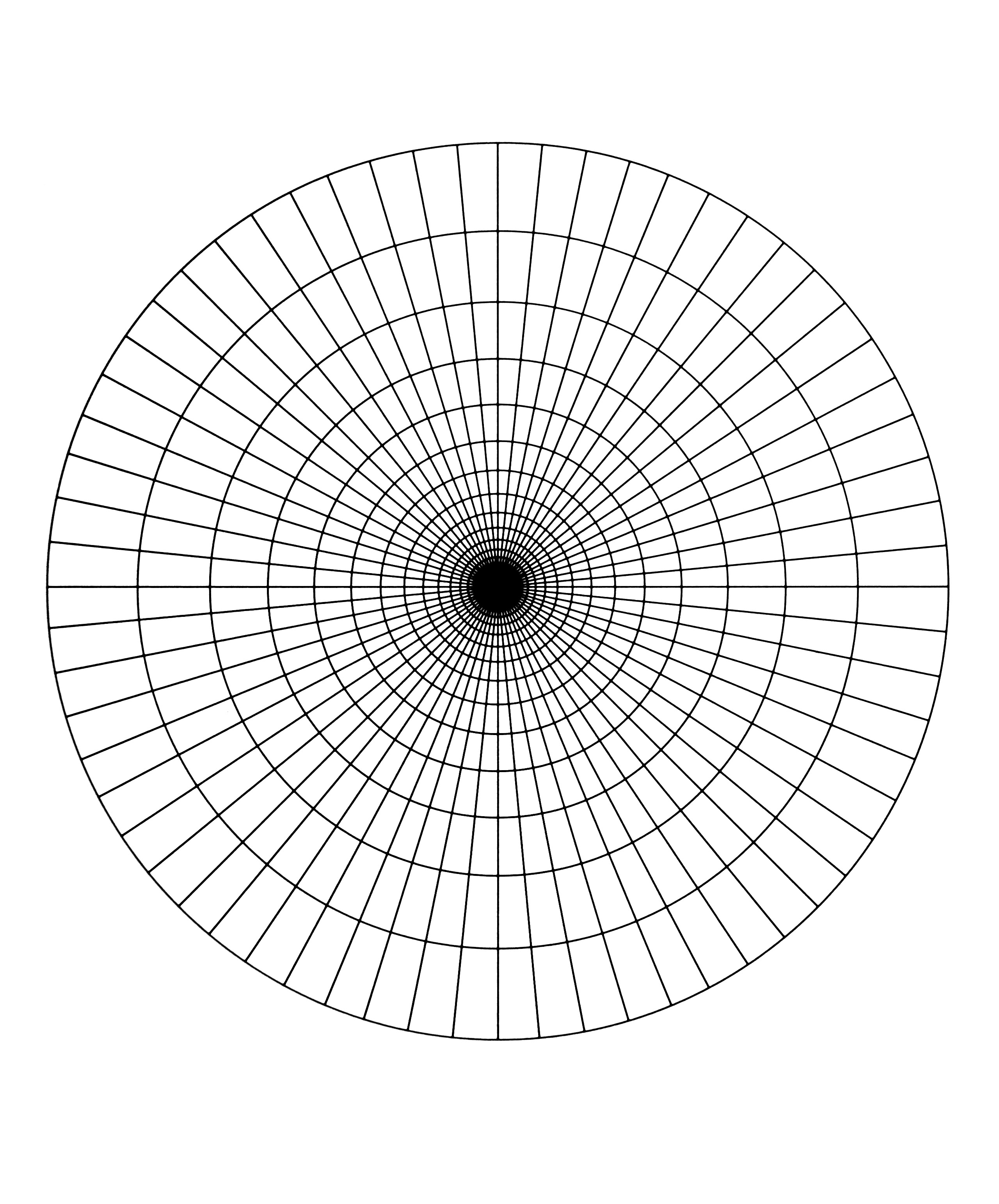 Mandala à télécharger avec une succession de cercle concentrique se joignant en un disque noir.Assez facile à colorier.